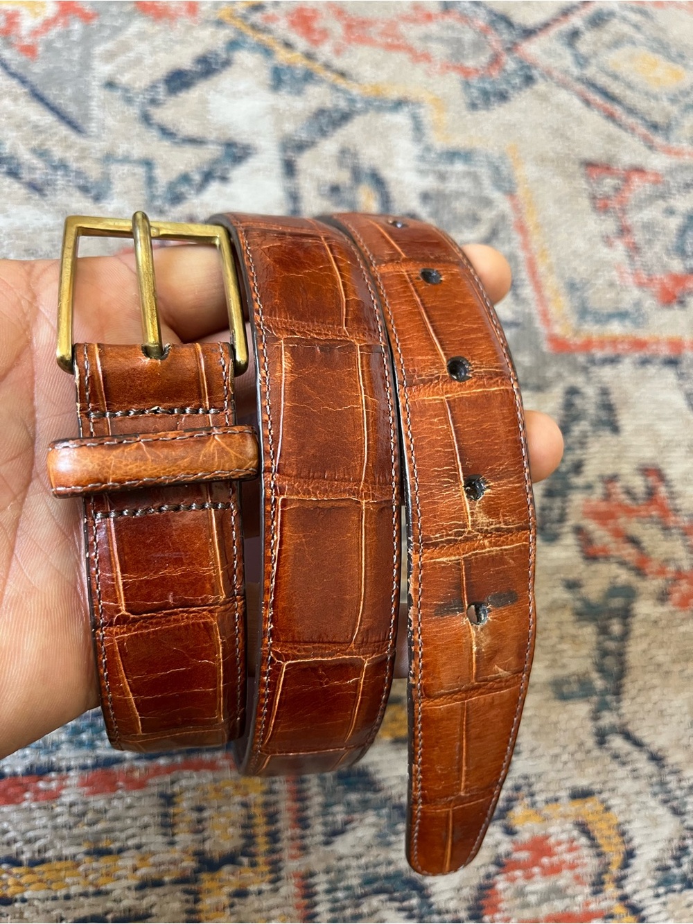 Brighton Men's Cognac Croc-Embossed Leather Belt with Brass Buckle Size 34